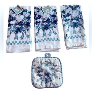 Vintage Kitchen Towels Featuring a Blue/Green/Brown Hearts and Ribbon Bouquet.